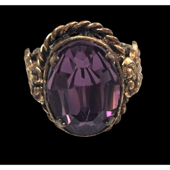 Vintage Adjustable Ornate Purple Glass Stone Brass Statement Ring - Picture 1 of 6